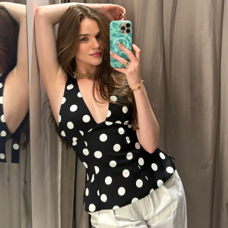 HXAO Black Polka Dot Tops For Woman Summer Women's Corset Crop Top Sleeveless Halter Top Women Bow Backless Sexy Top Party