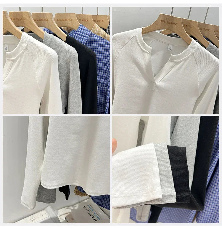 2026 Women's Basic Style Slim Fit V-Neck Long Sleeve T-Shirt Korean Style Versatile Simple Base Layer Top Casual Tee for Women