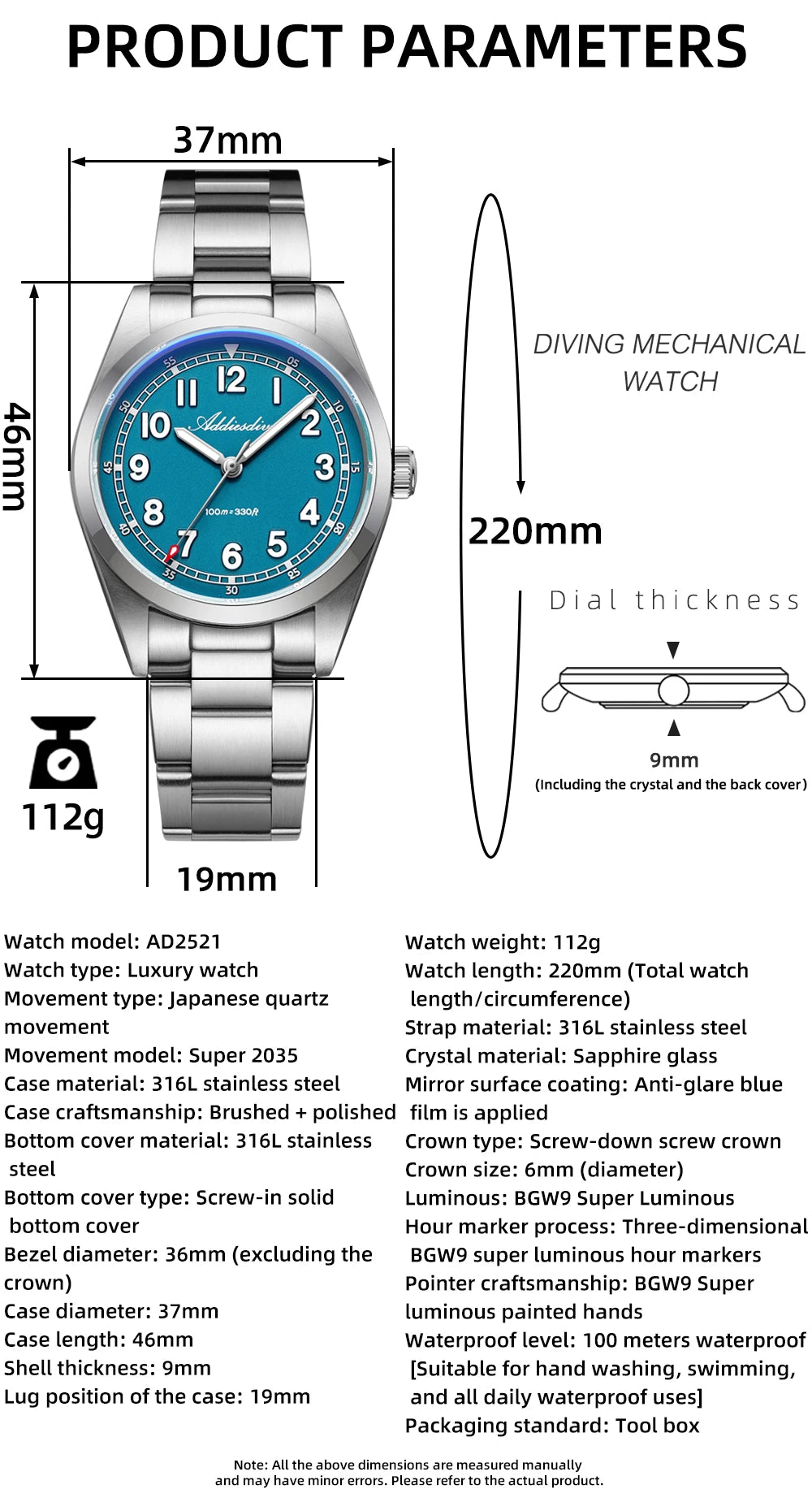 ADDIESDIVE Top Brand Mens Quartz Watch Sapphire Crystal  BGW9 Luminous Waterproof 100m Waterproof Vintage Watches NEW Ultra-thin