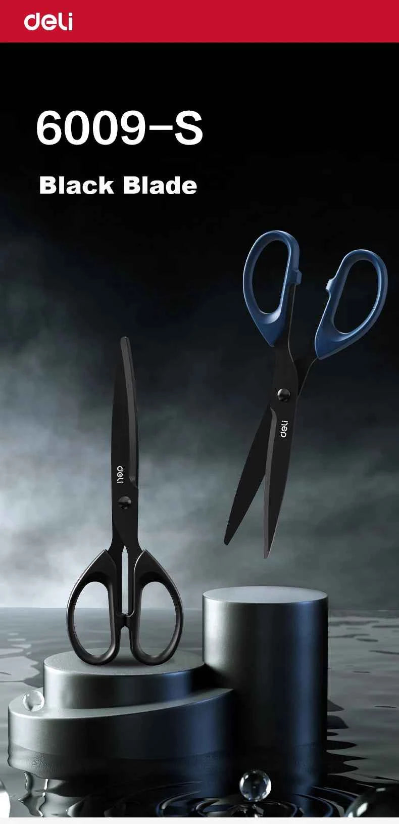Deli Black Blade Scissors Stationery 180mm 7 Inch Stainless Steel Anti-Rust Sharp Office Home School Craft Cutting Tool