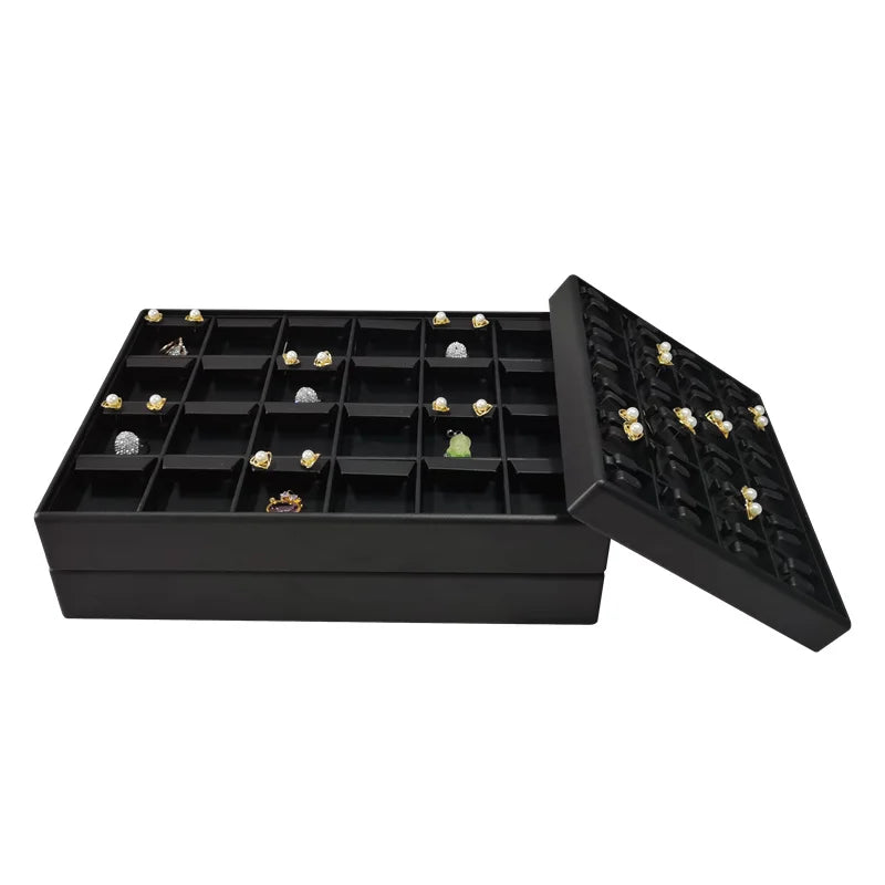 Stackable Leather Ring & Earring Tray - 25x20cm Black White Storage Box with Lid - Jewelry Organizer