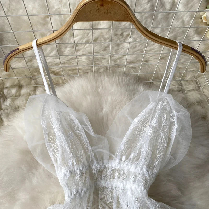 Summer Girls Sexy Hot Sweet Transparent Suspender Mini Dress Women Elastic Waist And Backless Strap Lolita Pajamas Bubble Skirt