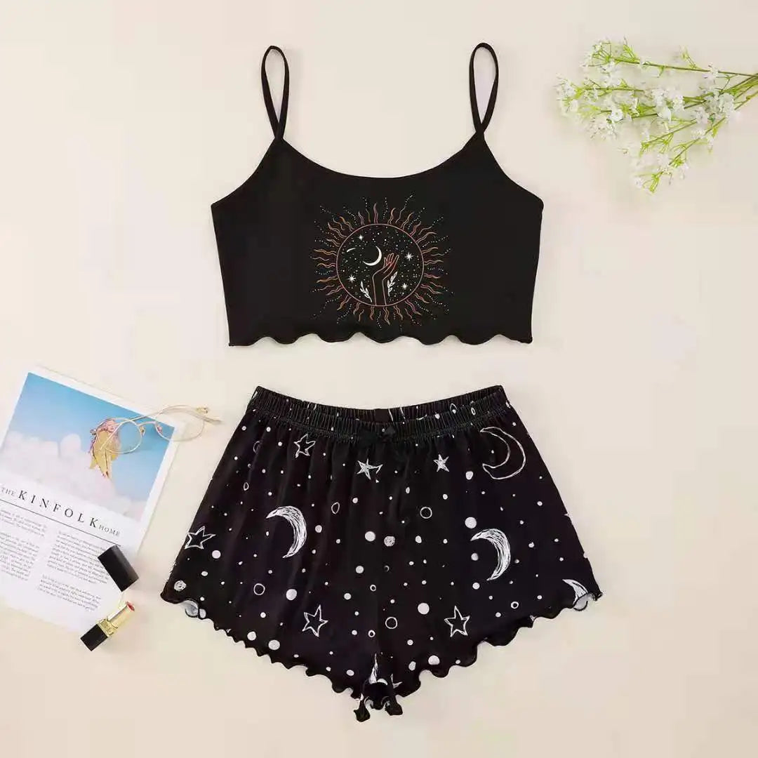 Summer Silk Satin Pyjama Pajamas for Women Sexy Sleepwear Sling Top Shorts Pajama Set Cartoon Pattern Printing 2-Piece Homewear
