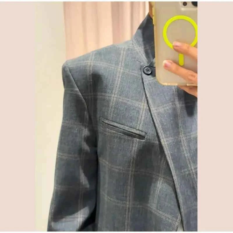 Irregular Plaid Blazer Jacket Women Fashion Stand Collar Full Sleeve Split Loose Short Jackets 2025 Lady Daily Commute Outwear