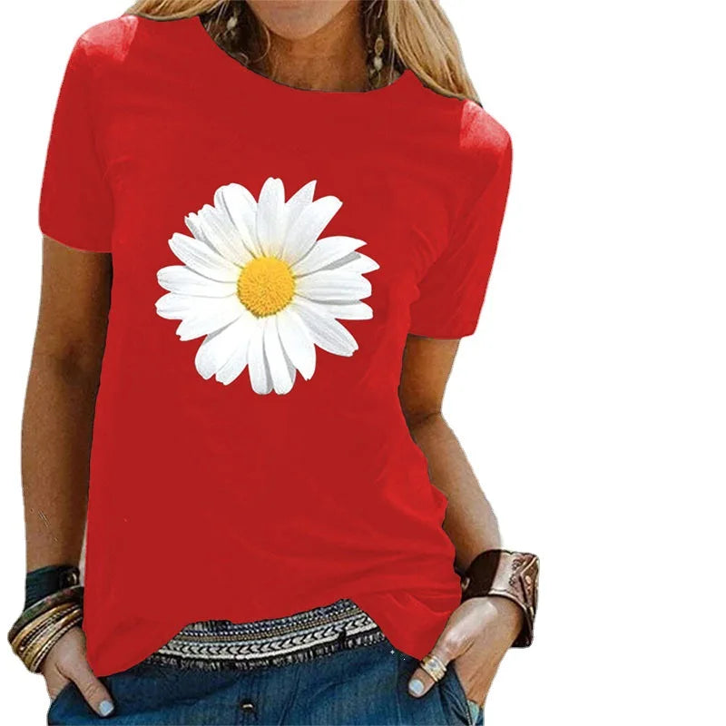 Cotton  100% Women's Round-neck Daisy Print Short-sleeved T-shirt for Women Harajuku  Aesthetic Clothes  Graphic T Shirts  Tops