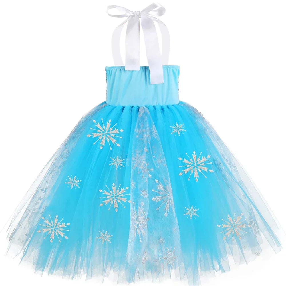 Sequins Elsa Costume for Girls Sky Blue Snow Queen Tutu Dress Snowflake Kids Halloween Birthday Carnival Party Princess Costume