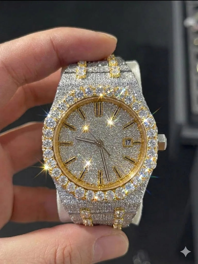 Hand-Set Moissanite Diamond Watch | Gold Plated Luxury Men's Hip Hop Jewelry Wholesale Iced Out Two-Tone Watch |