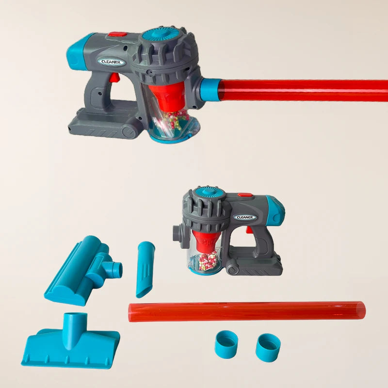 Kids 3-in-1 Toy Vacuum Cleaner – Light & Sound Stick/Handheld, Detachable Debris Bin, Cyclone Beads, 2 Attachments, Role-Play Ho