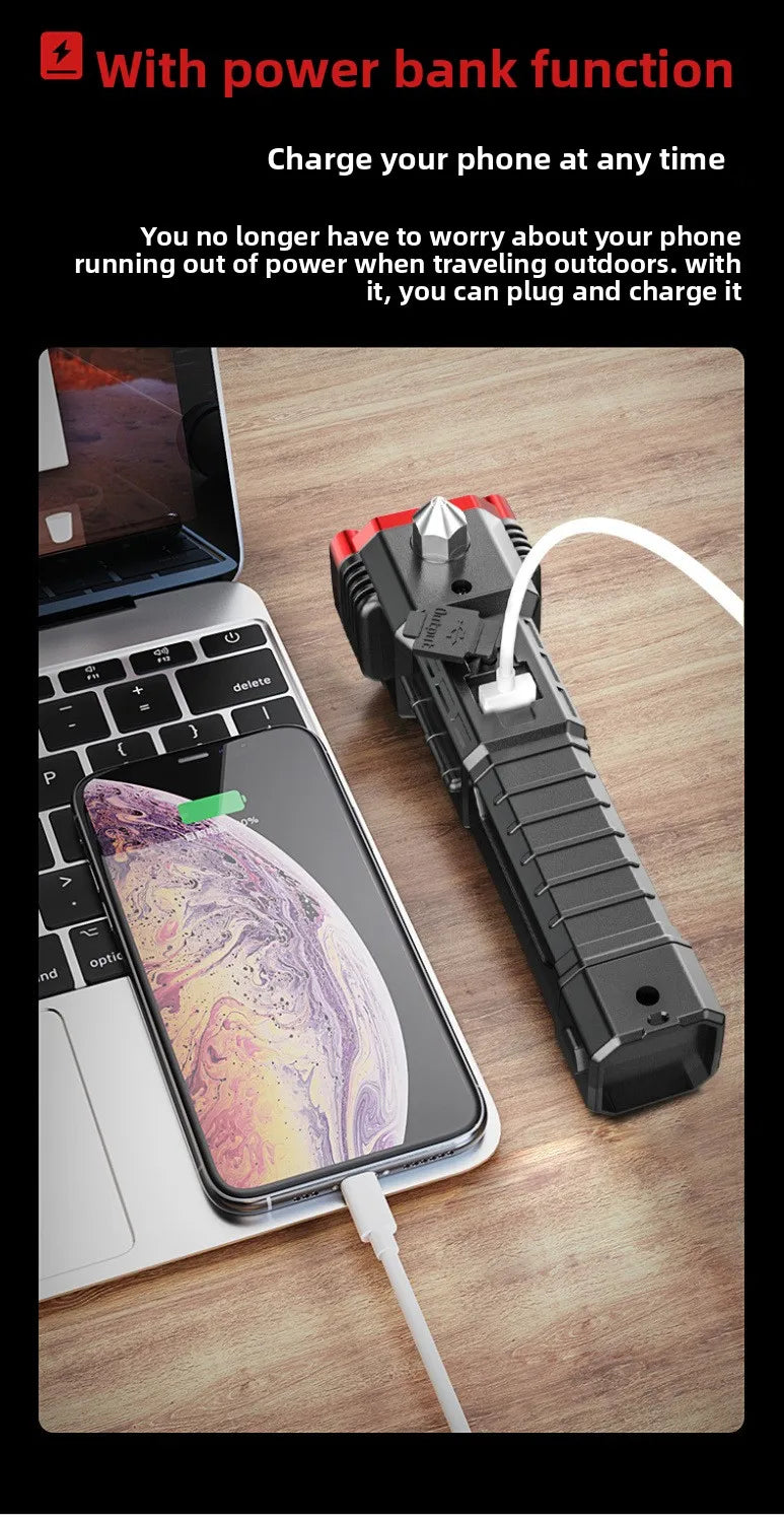 Multi-Functional Outdoor Flashlight-Pathfinding&Work Light Emergency Self-Rescue Safety Hammer with Window Breaker