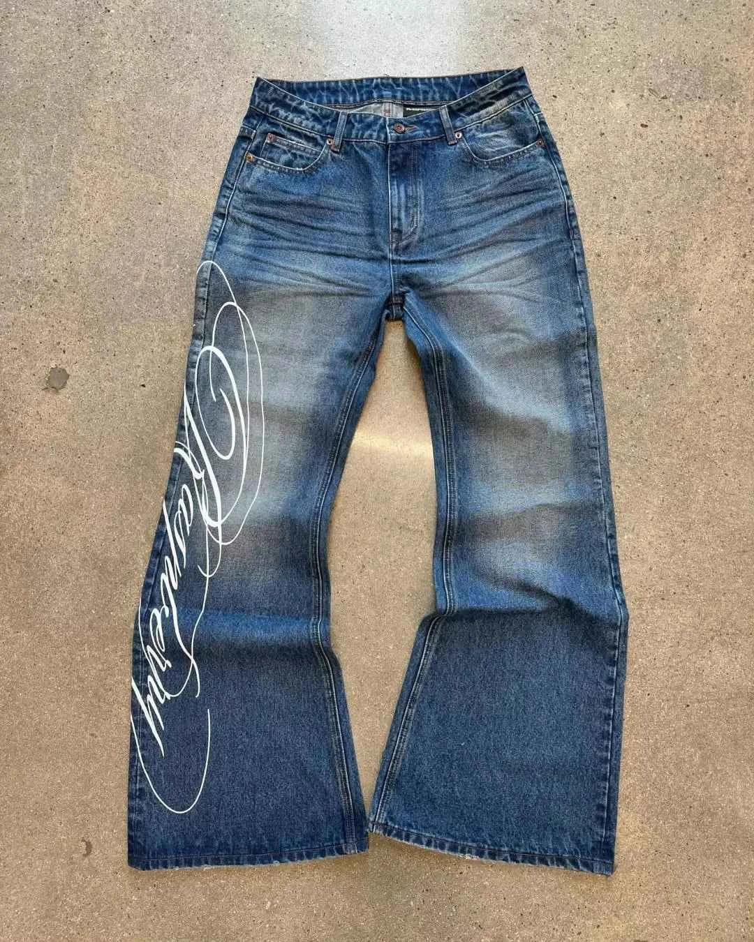 Street Retro Harajuku Y2K Jeans Women High Street Trendy Vintage Clothing Hip-hop Punk Casual Blue Denim Micro-flare Pants