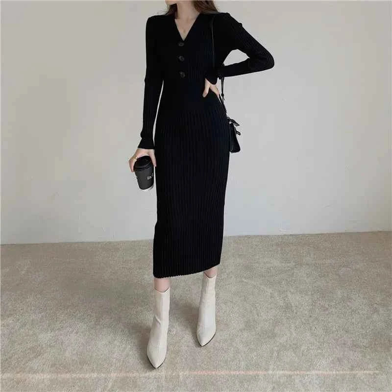 Autumn Winter Sweater Dress For Women 2024 New Arrivals Buttons Up V Neck High Waist Long Knitted Dress Korean Maxi Dresses