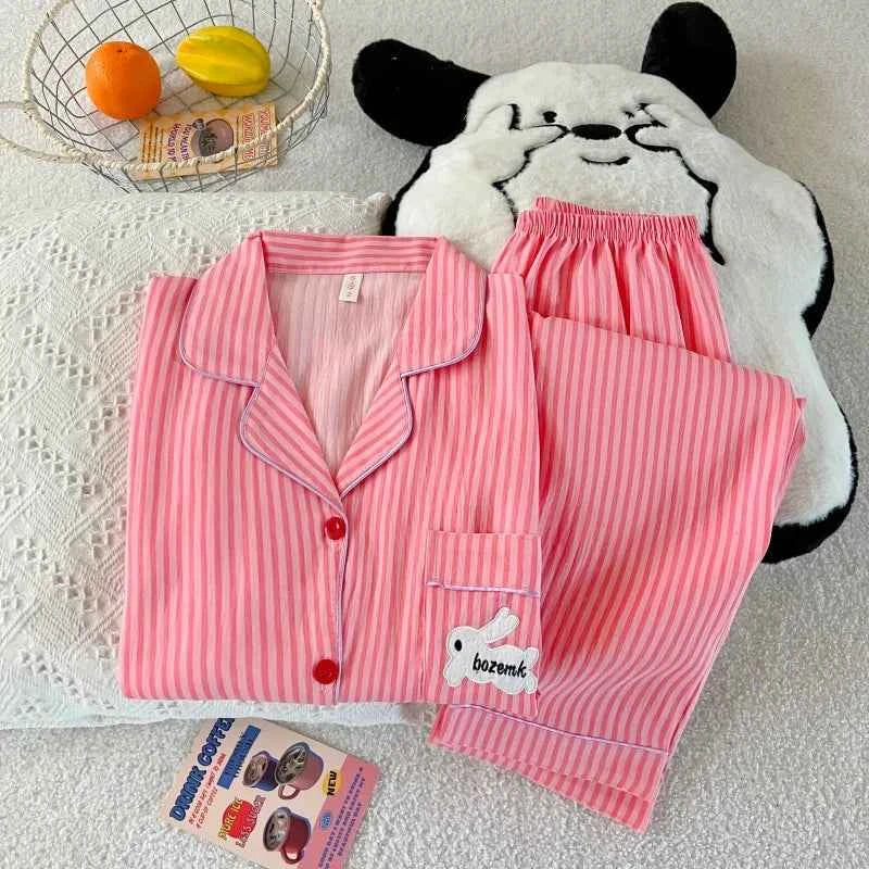 Embroidery Letter Pajamas Set Striped Rabbit Print Autumn Long Sleepwear Home Suit 2025 Lapel Neck New 2 Pcs Women's Pajamas