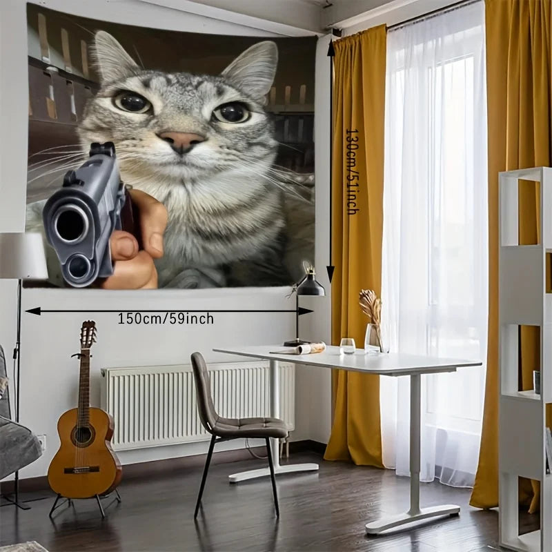 VIKAMA Whimsical Cat with Gun Wall Hanging Art Home Decor Tapestry Suitable for Living Room Bedroom Home Decor