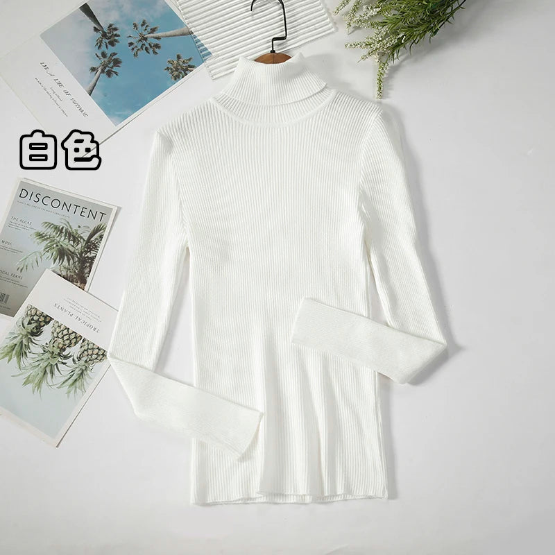 2026 Simple Women Turtleneck Sweater Winter Fashion Pullover Elastic Knit Ladies Jumper Casual Solid Black Female Basic Tops