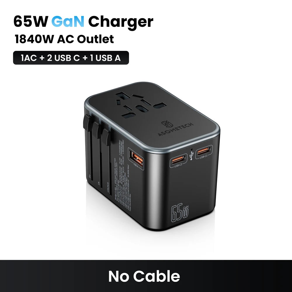 ASOMETECH 65W GaN International Travel Adapter PD3.0 QC3.0 PPS 3 USB GaN Fast Charging Adapter with EU AU US UK Plug for Travel