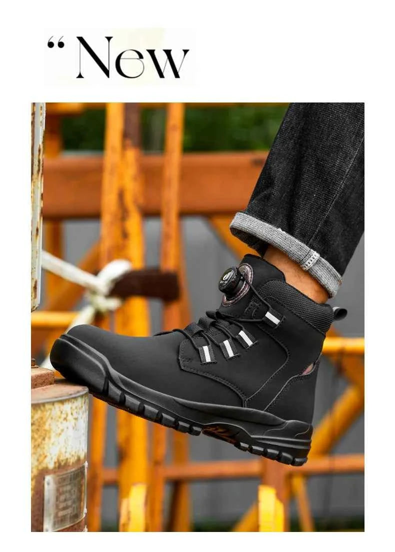 Leather Non Slip Work Boots for Men Rotating Button Safety Shoes Steel Toe Sneaker Male Puncture Proof Protective Boots