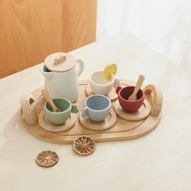 Baby Play Set 9pc Afternoon Tea Set Children's Play House Toy Afternoon Tea Set Pot Food Grade Silicone Toys for Girl Gifts