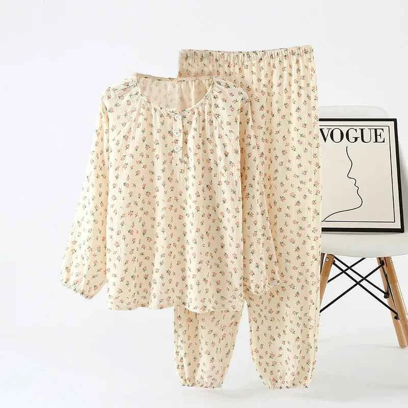 2023Women's Pajamas Pure Cotton Women's Long sleeved Pants Round Neck Loose Homewear Small Fower Print Baby Cotton Sleepwear Set