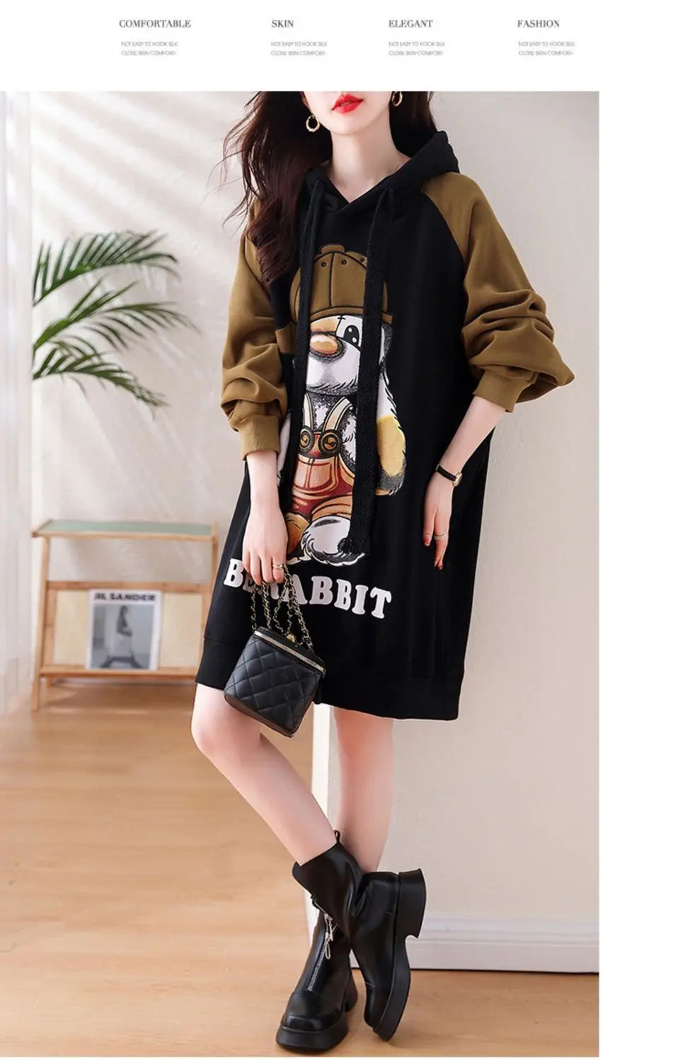 Winter Women Clothing Oversized Cartoon Fleece Dress New Hooded Drawstring Thicken Warm Female Casual Midi Long Sleeve Dresses