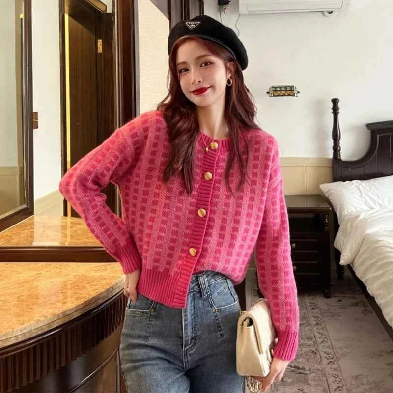 Y2k Pink Women Cardigan Korean Sweet Plaid Long Sleeve Female Sweaters Harajuku New O Neck Preppy Style Ladies Tops