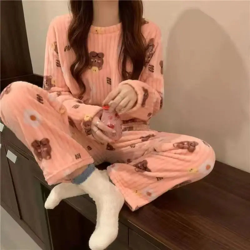 Autumn Winter Warm Flannel Fleecing Women's Pajamas Sets Coral Velvet Long Sleeve Cartoon Sleepwear Pants Sets Flannel Homewear