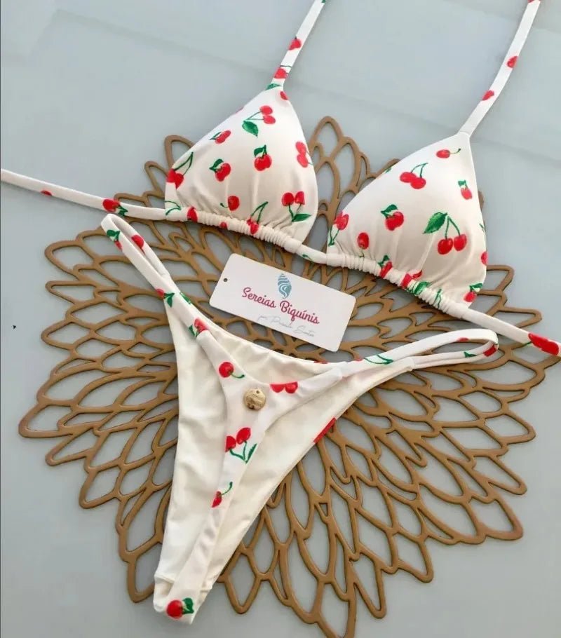 Print Sexy Bikini Sets Halter Lace-up Tops Thongs Beach Style Bathing Suit Y2k Swimsuits Women Beachwear Купальник Женский