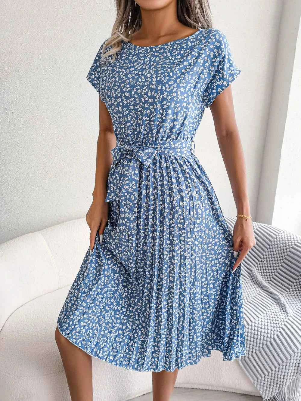 Ficusrong Fashion Floral Pleated A Line Long Dress Women Spring Summer Short Sleeve High Waist Chic Dress