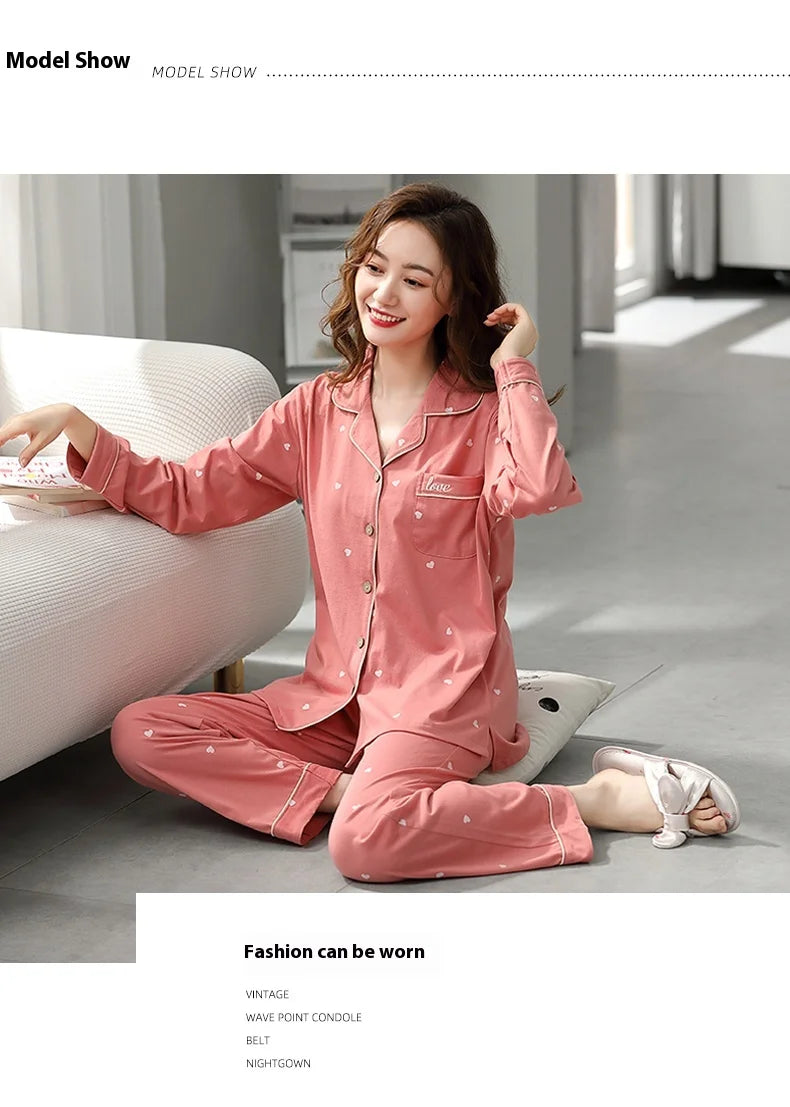 Cotton Pajamas Large Size Autumn Winter Long-Sleeved Home Wear Night Wear Woman Sexy Cardigan Love Pink Large Square Sleepwear