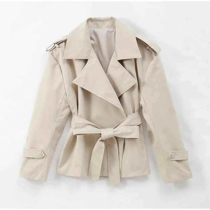 Cropped Lace-up Blue Casual Trench Coat Women Lapel Long Sleeve Wide Shoulder Windbreaker Jacket Fall Commute Daily Streetwear