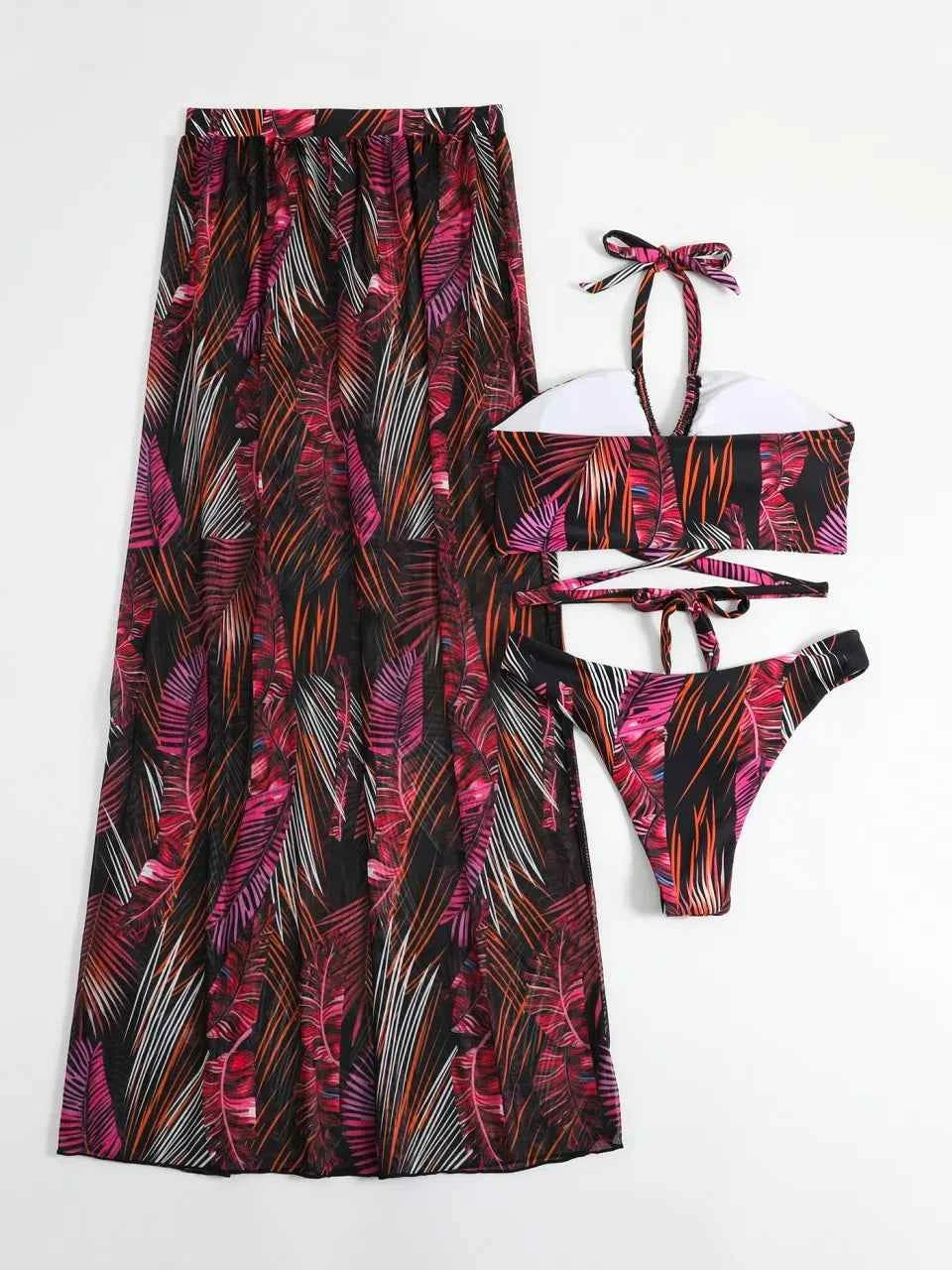 3 Pieces Print Cross Bikini 2025 Women Sexy Halter Swimsuit & Cover Up Beach Dress Swimwear Bathers Bathing Swimming Suit Summer