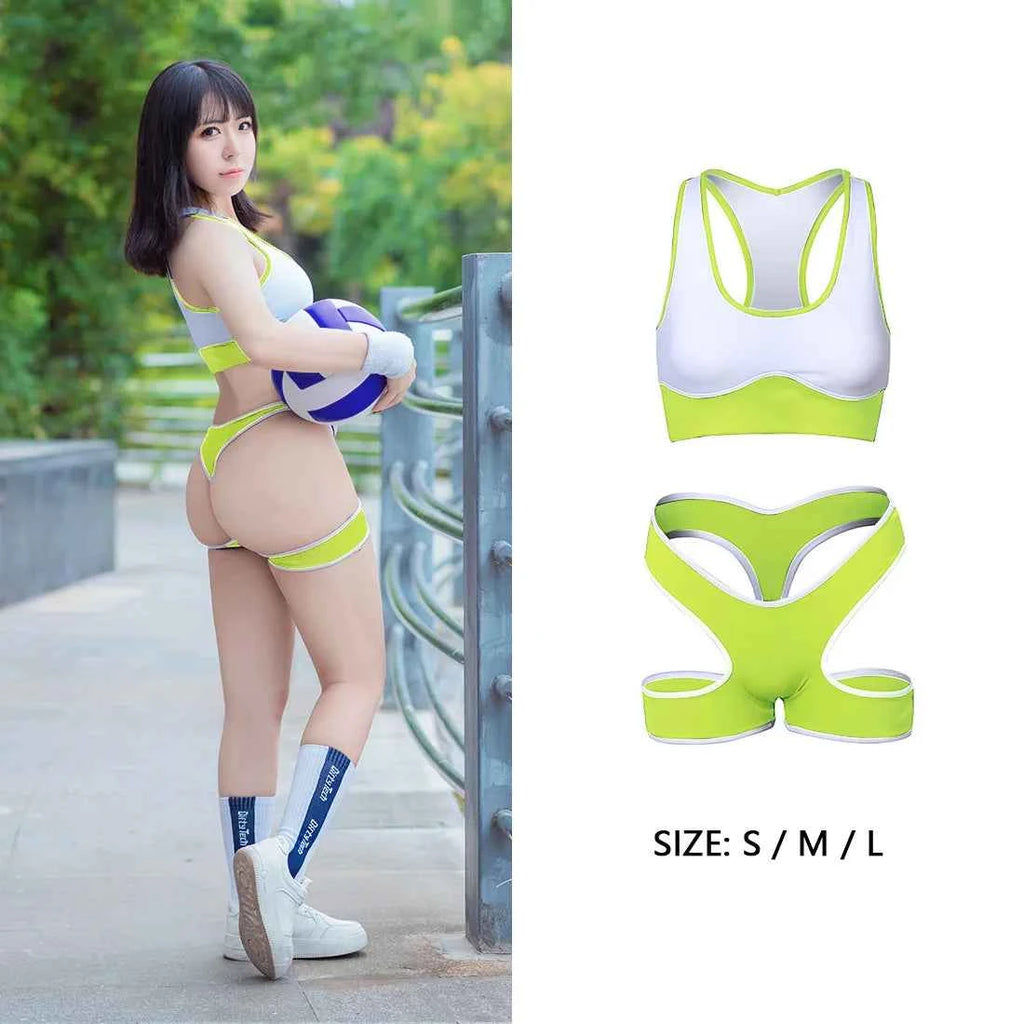 Sexy Cute Pure Desire Bra Set Girl Cheerleading Sports Underwear Lingerie Student Cosplay Costumes Hollow Split Swimsuit Bikini