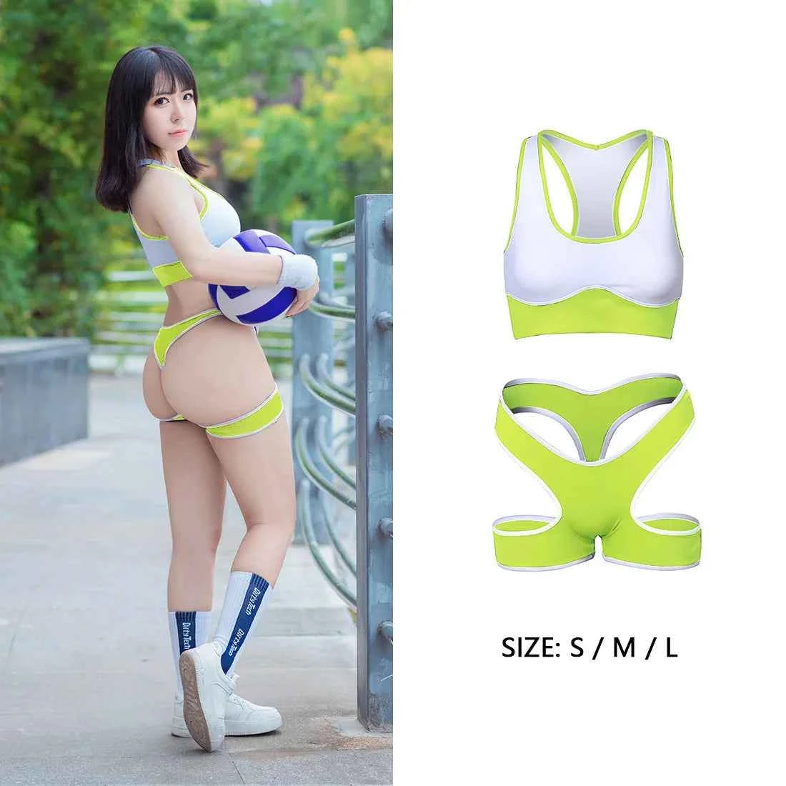 Sexy Cute Pure Desire Bra Set Girl Cheerleading Sports Underwear Lingerie Student Cosplay Costumes Hollow Split Swimsuit Bikini