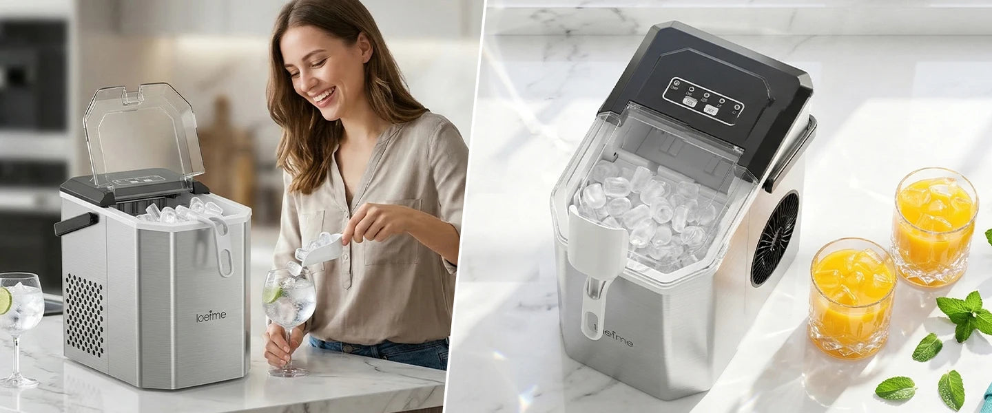 LOEFME 12kg/24h Electric Ice Maker Machine Bullet Ice 6 Mins 9pcs Ice Cubes Self-Cleaning Ice Maker for Home Cafes Camping Party
