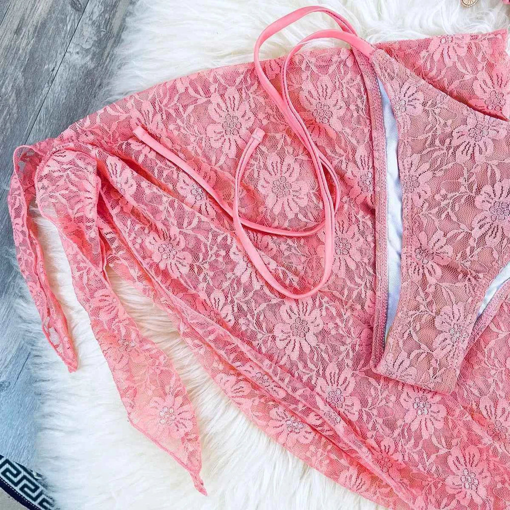 Lace Fabric Three-pieces Swimsuit Set With Sarong Bikini Inspired Women's Swimwear Beachwear Bathing Suit Vacay Outfit Biquini