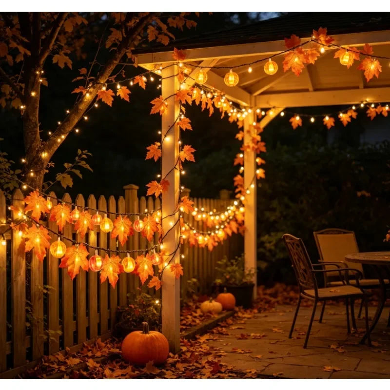 Indoor Home Autumn Harvest Festival Decor 1PC 3D Pumpkin & Maple Leaves String Lights Halloween Thanksgiving Decor Lamp