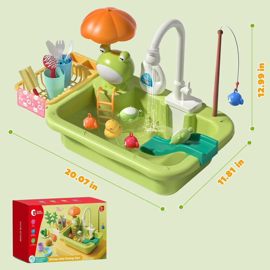 Kids Electric Kitchen Sink Toys with Running Water, Pretend Play Dishwasher & Fishing Toys, Educational Role Play Gift for Girls