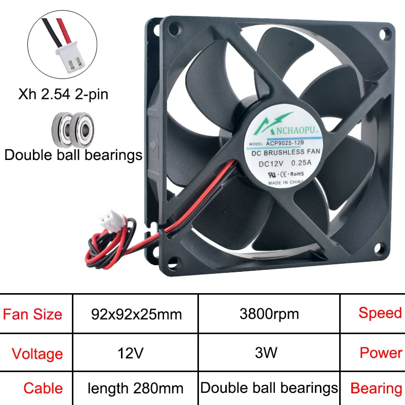 ACP9025 92x92x25mm Axial Cooling Fan DC5V/12V/24V 2Pin for Chassis Power Supply Inverter Cooling High Airflow Quiet Operation