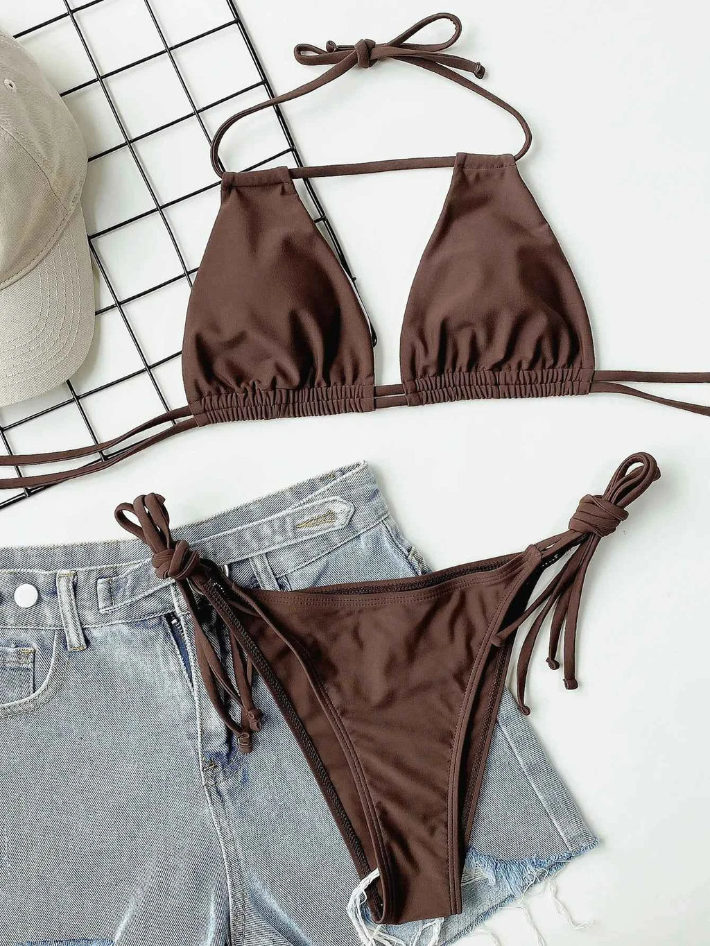 2025 Sexy Solid Bandage Bikini Halter Strappy Swimwear Women Swimsuit Female Two Pieces Bikini Set Low Waist Bathing Suit Bather