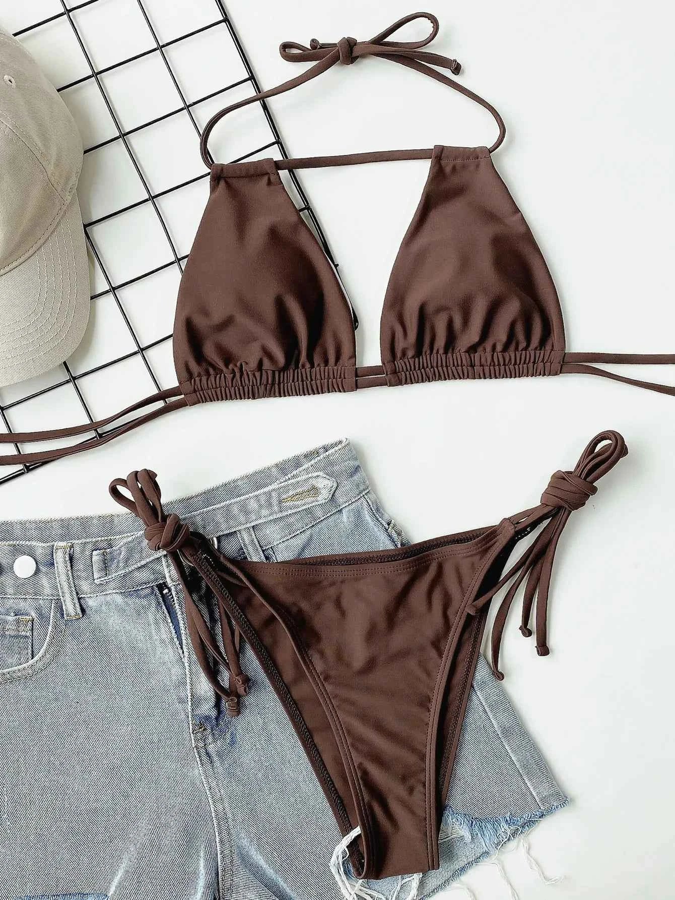 2025 Sexy Solid Bandage Bikini Halter Strappy Swimwear Women Swimsuit Female Two Pieces Bikini Set Low Waist Bathing Suit Bather