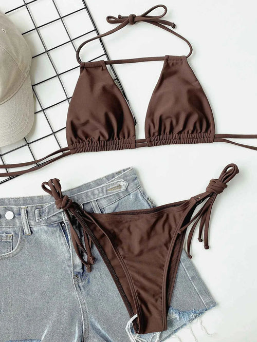 2025 Sexy Solid Bandage Bikini Halter Strappy Swimwear Women Swimsuit Female Two Pieces Bikini Set Low Waist Bathing Suit Bather