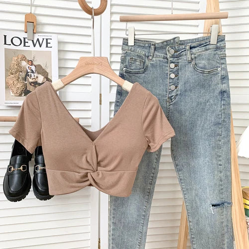T Shirt  Woman Crop Tops Basic Short Sleeve Kawaii T Shirt Built In Bra Women Sexy Top Harajuku Korean Fashion