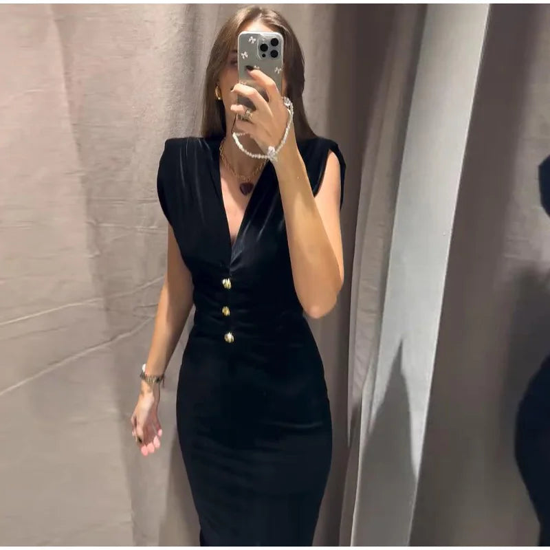 Elegant Velvet Long Dress Women V Neck Sleeveless High Waist Shoulder Pad Dresses Female 2025 Fashion Evening Vent Dresses Lady