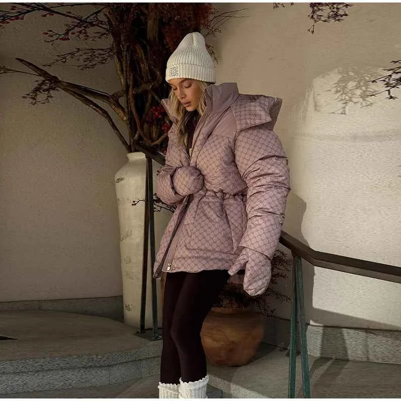 Printed Female Winter Cotton Quilted Jacket Hooded Thicken Zipper Single Breasted Long Sleeve 2025 New Casual Coat Loose Outwear