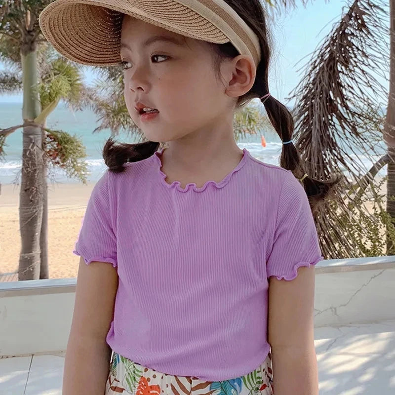 Girls' Casual Ice Silk Short-Sleeve T-Shirt, New Korean Style Children's Ruffled Top, Solid Color, Simple and Versatile