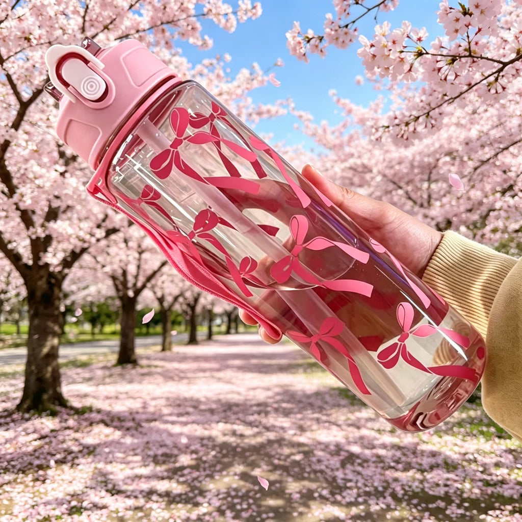 Water Bottle with Full Print of Flowers and Bowknot Patterns, Trendy & Stylish, Lightweight with Portable Lanyard, Durable