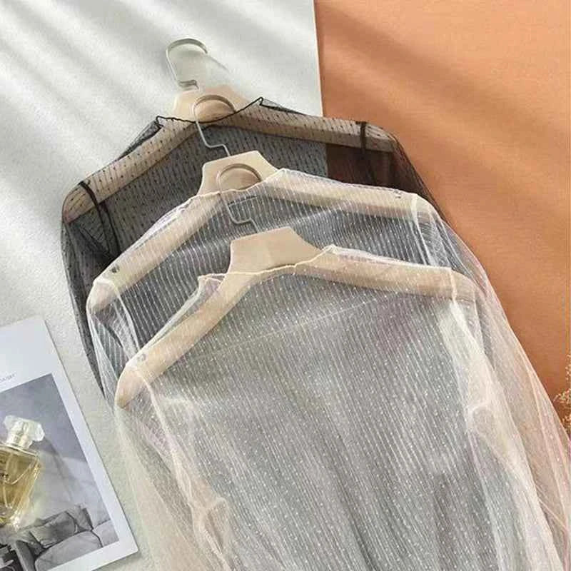 Spring Summer Women Sexy Black Mesh Tops Bottoming T Shirts Transparent Sheer Blouses Turtleneck Streetwear Tees Sunscreen Top