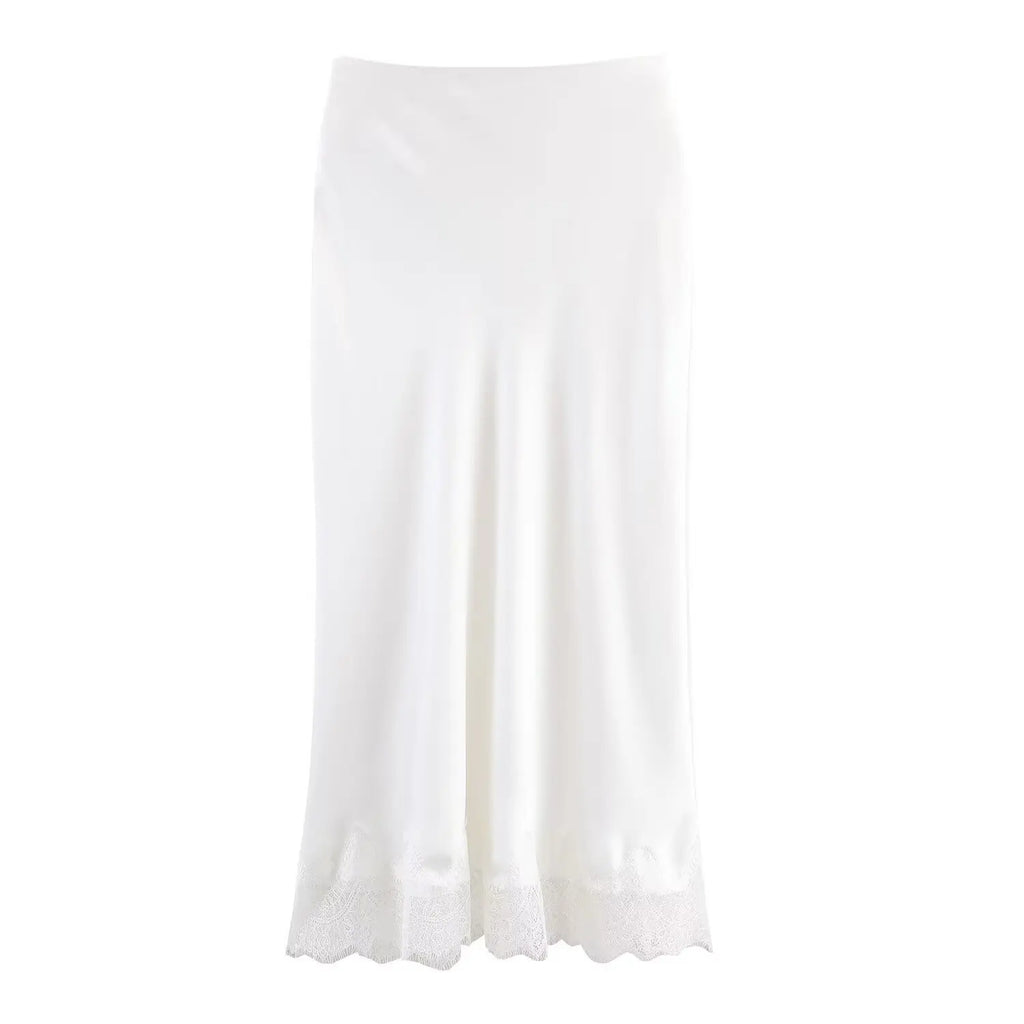 SAW Independent Station Sexy Lace Patchwork Satin Feel Mini Skirt Autumn Fashion Trendy Polyester Fiber Long A-Line Skirt