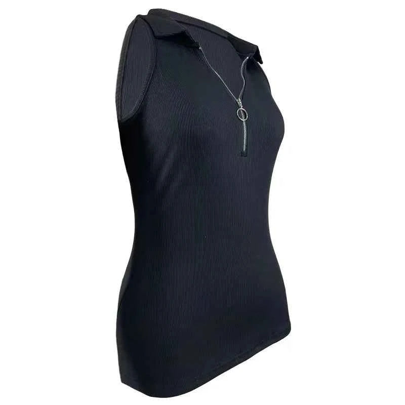 Europe and the United States new spring and summer solid color pit strip lapel zipper vest women fashion casual T-shirt women's