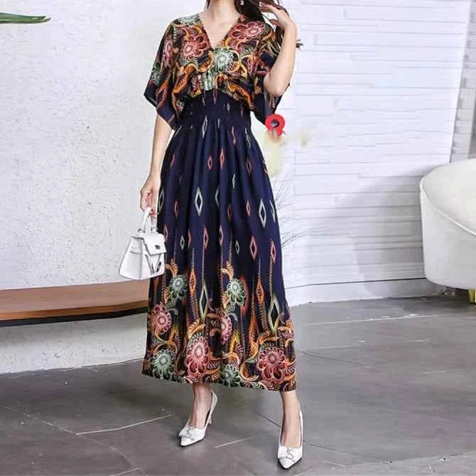 Colorful Flower V-neck Elastic Youthful Bohemian Sweet Midi Dress Woman Clothes Chic Fashion Summer Dresses 2025 Large Swing Ski