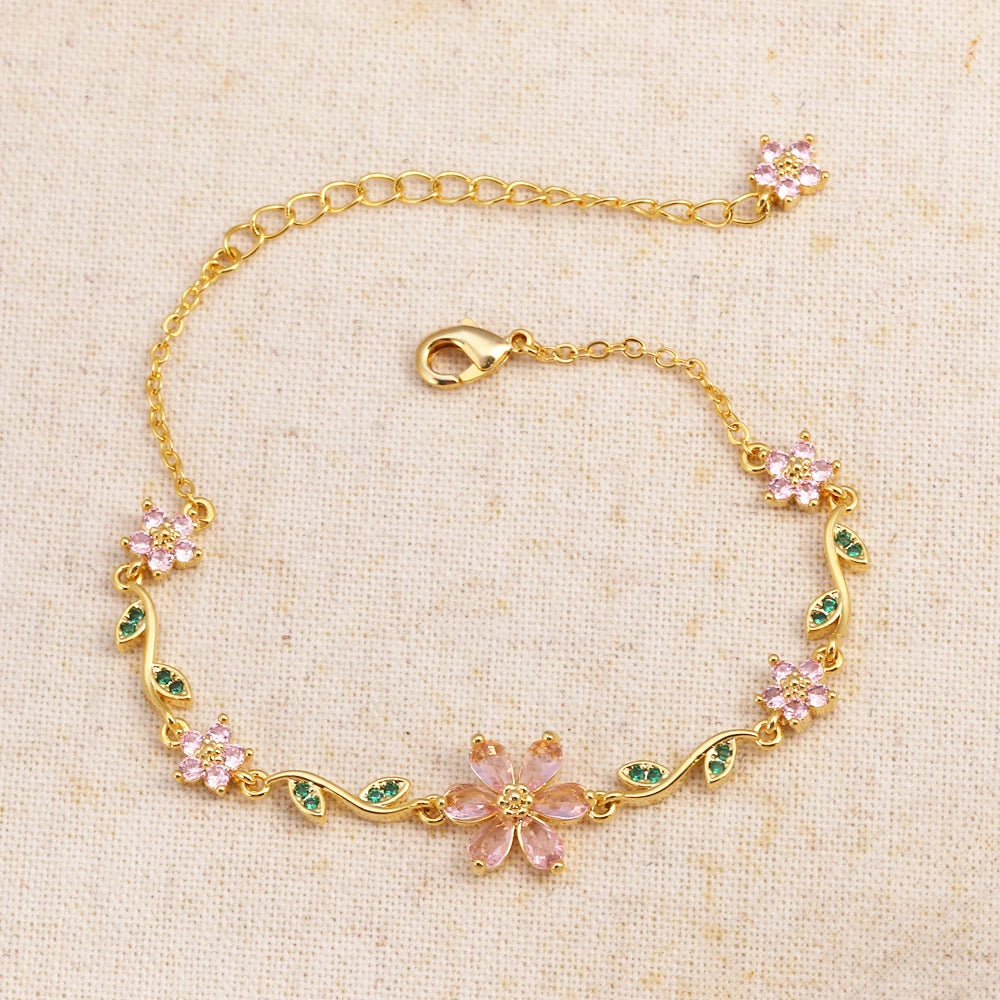 Luxury New Fashion Exquisite Green Leaf Flower Bracelet For Women Pink Cubic Zirconia Chain Shiny Rhinestone Bangle Jewelry
